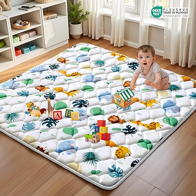 Baby Play Mats for Floor, 50x50 Playpen Mat for Babies, Extra Thicker & Soft Floor Crawling Mat, Foldable Non-Slip Playmat Cushioned for Infants Toddlers, Cute Animal Design