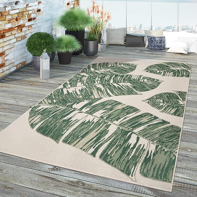 Tropical Outdoor Rug Jungle Leaves Design for Patio in Green Beige, Size: 2'8" x 4'11"