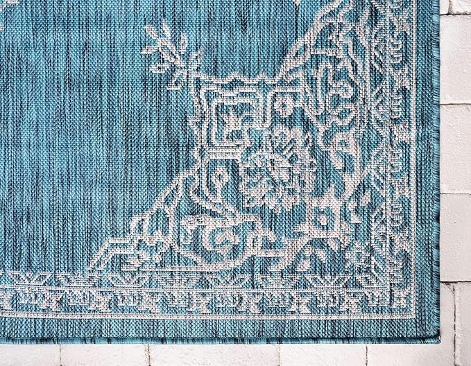 Unique Loom Outdoor Traditional Collection Area Rug - Antique (6' 1" x 9' Rectangle, Teal/ Gray)