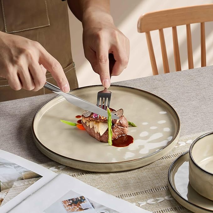 Herogo Dinnerware Dishes Sets for 4, 12 Pieces Ceramic Plates and Bowls Sets, Kitchen Dinning Dishes, Dishwasher & Microwave Safe, Cream Khaki