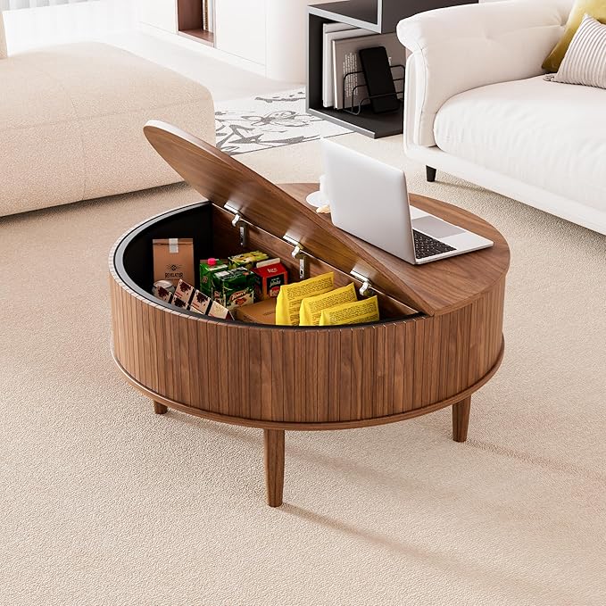 Round Fluted Lift Top Coffee Table with Storage, Mid Century Modern Coffee Table for Living Room, Home Small Space,31.5" Fluted Center Table (Brown, 31.5inch)
