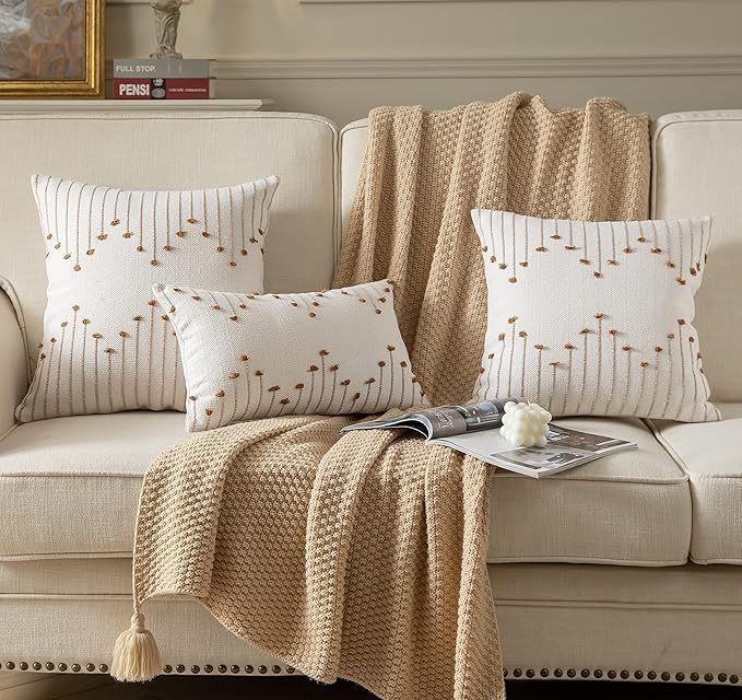 Caflife Boho Throw Pillow Covers 20x20 Set of 2 Decorative Pillows for Bed, Neutral Pillow Covers Beige with Brown Line Throw Pillows for Modern Farmhouse Couch Sofa Living Room Outdoor