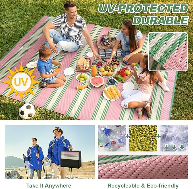 Lahome Striped Outdoor Rug 8x10 Patio Waterproof, Reversible Outdoor Plastic Straw Rug for Camping, RV Patio Rugs Outside Large Carpet for Porch Deck Backyard Picnic(Pink/Green,8'x 10')