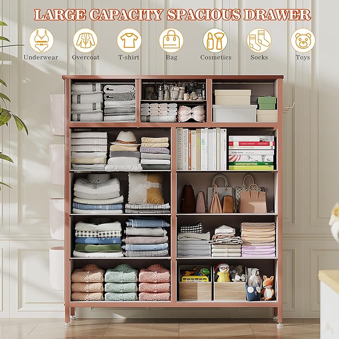Lulive Pink Dresser for Bedroom with 12 Drawers, Tall Dresser Chest of Drawers with Side Pockets and Hooks, Fabric Storage Tower for Closet, Hallway, Living Room (Pink)