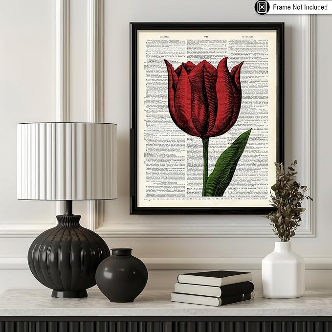 Poster Master Dictionary Art Poster - Tulip Print - Red Flower Art - Floral Art - Gift for Men, Women & Florist - Minimal Decor for Living Room, Bedroom, Dorm or Flower Shop, 24x32 Unframed Wall Art