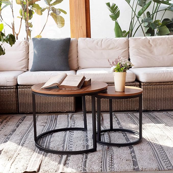 aboxoo Coffee Table Nesting Side Round Set of 2 End Table Top Sturdy Metal Frame Desk Centerpiece Living Room Bedroom Apartment Modern Industrial Simple Nightstand