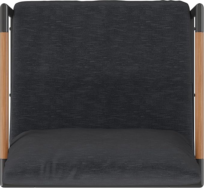 Flash Furniture Lea Indoor/Outdoor Patio Chair with Cushions - Modern Aluminum Framed Chair with Teak Accented Arms, Black with Charcoal Cushions