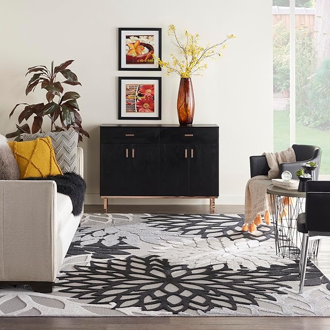 Nourison Aloha Indoor/Outdoor Black White 9' x 12' Area Rug, Tropical, Botanical, Easy Cleaning, Non Shedding, Bed Room, Living Room, Dining Room, Deck, Backyard, Patio (9x12)