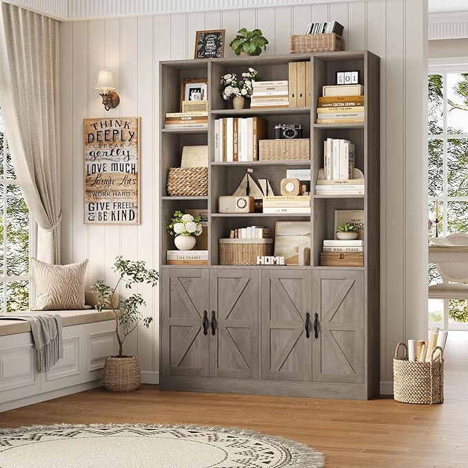 HOSTACK 75” Tall Book Shelf and Bookcase, Bookshelf with Storage Cabinet, 47” Wide Bookcase with 4 Doors, Standing Display Shelves, Modern Farmhouse Book Case for Living Room, Home Office, Ash Grey