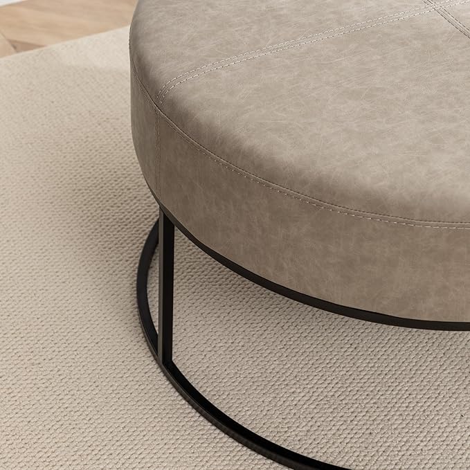 Modern Round Coffee Table, Farmhouse Ottoman Coffee Tables for Living Room, Large Vintage Leather Tables with Leather Upholstered Padded Seat [Round, Taupe, 30'']