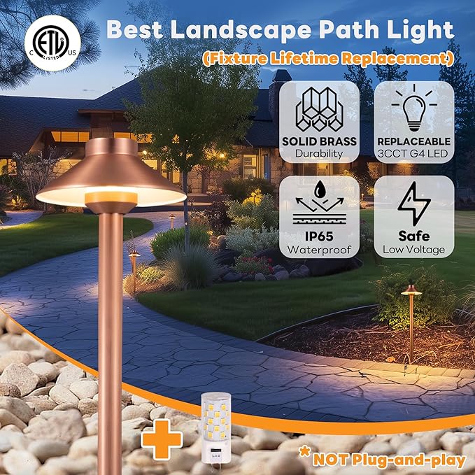 Low Voltage Landscape Path Light Solid Brass, 3 Color Temp Selectable LED Driveway Lights Waterproof, Hat Shaped 12V Wired Copper for Walkway Garden with 3W 270LM G4 Bulb (12 Pack)