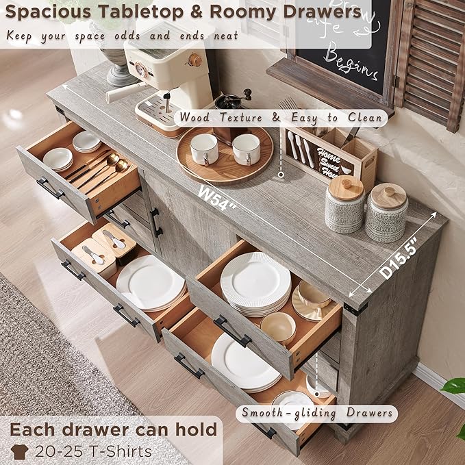 Farmhouse 8 Drawer Dresser for Bedroom with Adjustable Shelf, Wood Long Chest of Drawers with Thick Plank Styling, Rustic Large Closet Dresser for Bedroom, Living Room, Light Rustic Oak Color