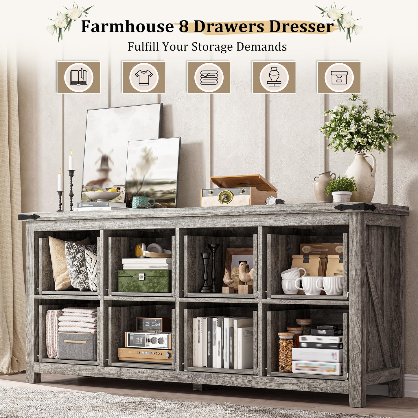 Romorgniz Farmhouse Dresser Dark Oak with 8 Drawers,Wood,Wide,Long,TV Stand for Bedroom Entryway Hallway