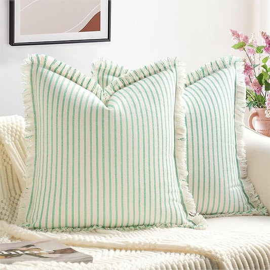 ZWJD Throw Pillow Covers 26x26 Set of 2 Green Striped Pillow Covers with Fringe Chic Cotton Decorative Pillows Square Cushion Covers for Sofa Couch Bed Living Room Farmhouse Spring Decor