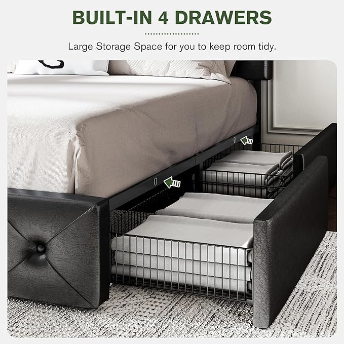 MUTICOR King Size Bed Frame with 4 Storage Drawers, Upholstered Platform Bed with Button Tufted Adjustable Headboard, No Box Spring Needed, Easy Assembly, Diamond Tufted, Black Leather