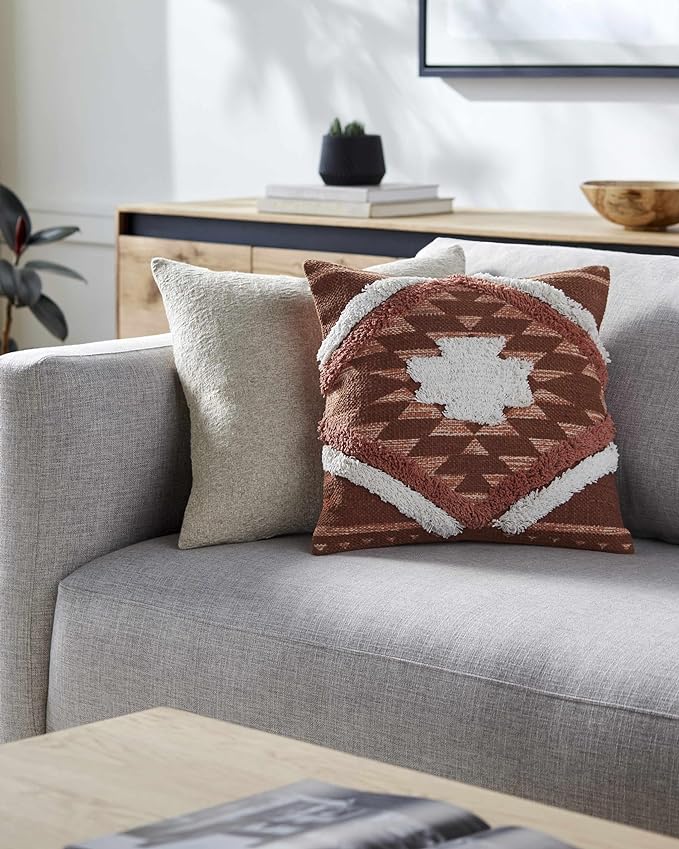 Hauteloom Shepardsville Decorative Throw Pillow Cover with Down Goose Feather Insert - Sofa Couch Cushion Pillow - Boho Farmhouse Lumbar Pillow - Cover%100 Cotton - Orange, Beige - 22" x 22"