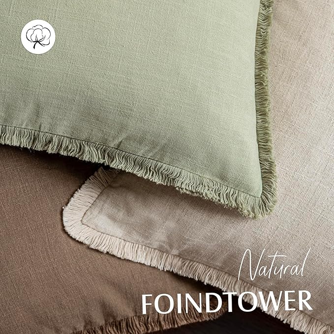 Foindtower Set of 2 Decorative Linen Fringe Throw Pillow Covers Boho Farmhouse Cushion Cover with Tassels Soft Accent Pillowcase for Couch Sofa Bed Living Room Home Decor,20×20 Inch,Light Sage Green