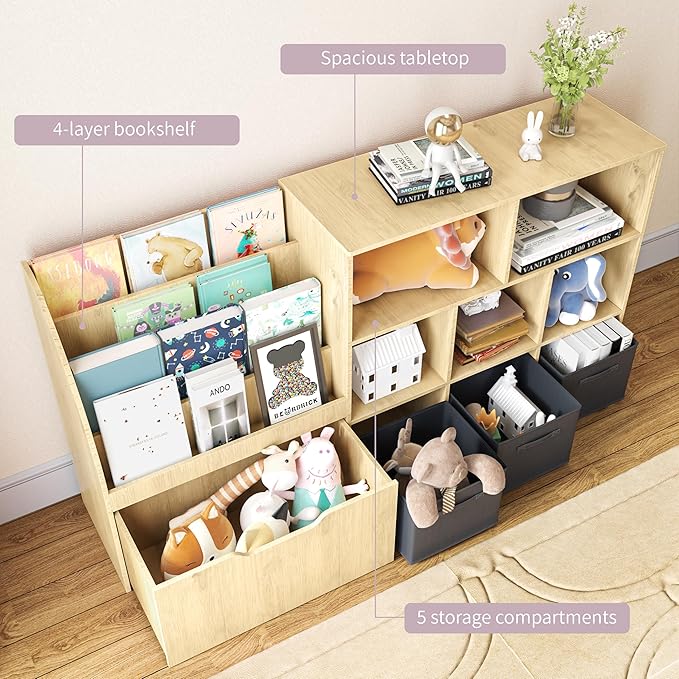 Kids Bookshelf and Toy Storage, Toy Storage Organizers with Movable Drawers & 3 Storage Bins, Kids Reading Nook Toy Organizers Shelf with 5 Cubbies, Natral Wood