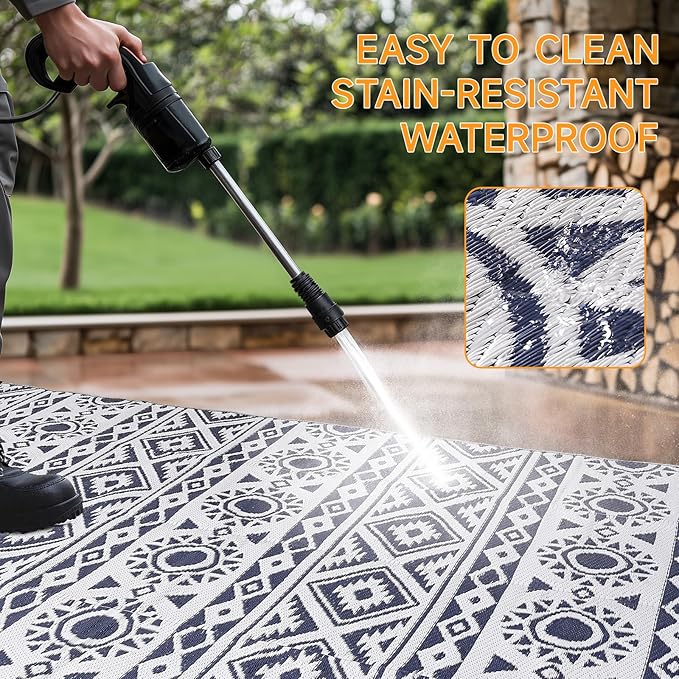 Outdoor Rug Waterproof 8x10 ft, Reversible Outdoor Plastic Straw Rug Patio Rug, RV Rugs for Outside, Outdoor Carpet for Patio Camping Deck Balcony Backyard, Blue & White