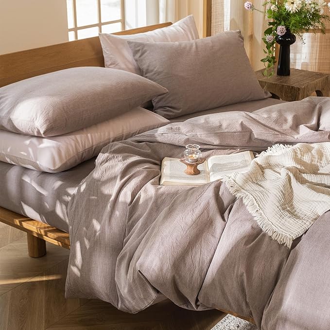 MooMee Bedding Duvet Cover Set 100% Washed Cotton Linen Like Textured Breathable Durable Soft Comfy (Heathered Mauve Brown, Oversized King Plus 128"x120")