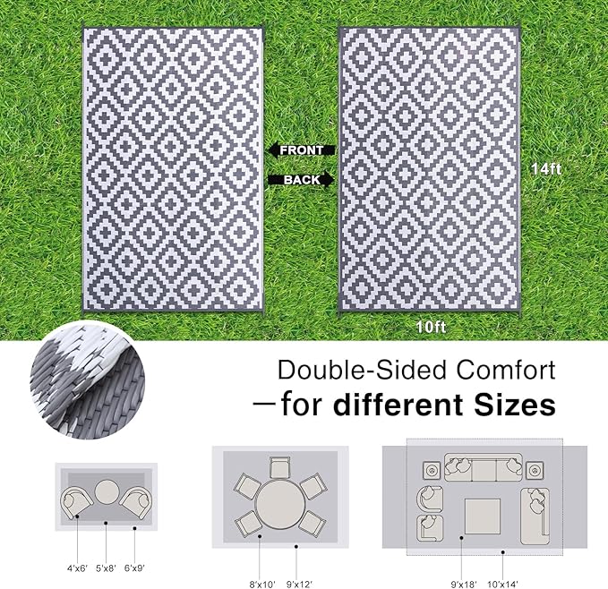 OLANLY Waterproof Outdoor Rug 10x14 ft, Outdoor Plastic Straw Rug for Camping, RV Mat Outside, Outdoor Carpet for Porch, Deck, Backyard, Balcony, Picnic, Grey & White