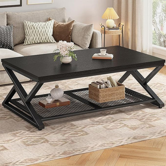 EnHomee Coffee Table with Storage, Modern Coffee Tables for Living Room with Mesh Shelf, 2 Tier Rectangular Center Table for Living Room, Bedroom, 47.2 Inch, Black Oak