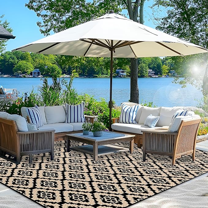 Wallona Outdoor Rugs 5x8 ft Patio Waterproof Clearance Indoor Outdoor Carpet for Patio Plastic Straw Reversible Area Rugs Mat for RV, Camping, Balcony, Beach, Picnic, Porch, Brick Black & Beige