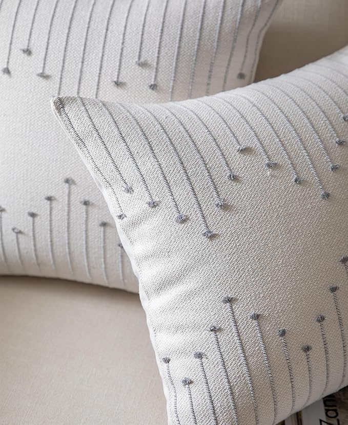 Caflife Boho Throw Pillow Covers 18x18 Set of 2 Decorative Pillows for Bed, Neutral Pillow Covers Beige with Grey Line Throw Pillows for Modern Farmhouse Couch Sofa Living Room Outdoor