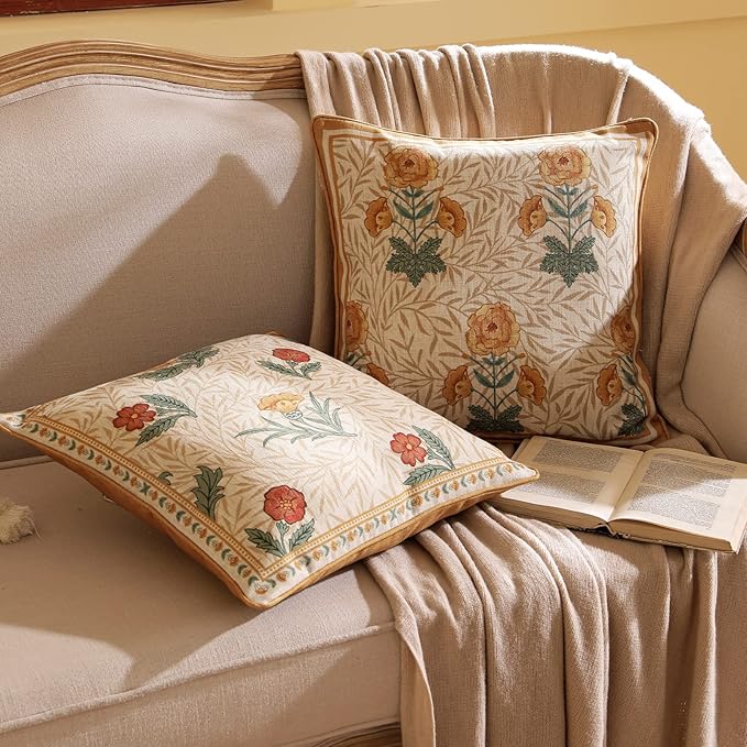 patdrea Designer Throw Pillow Covers for Couch 18"x18",Vintage French Linen Pillows Cover with Daisy Floral Pattern,Beige Soft Farmhouse Decorative Square Cushion for Bed,Living Room,Set of 2