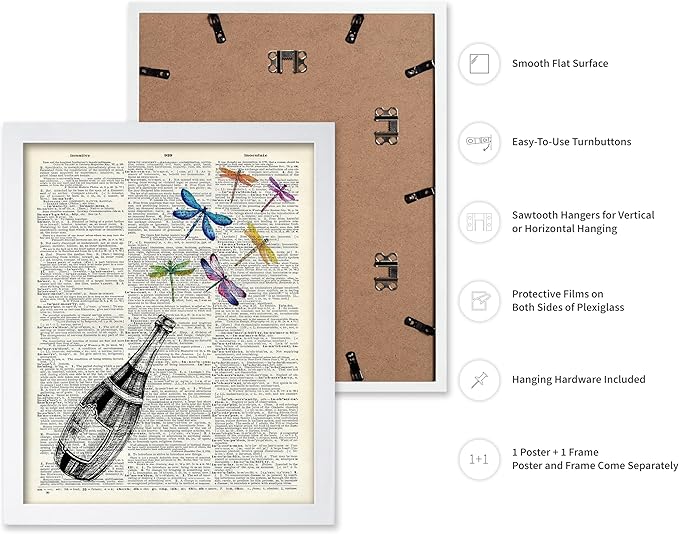 Poster Master Dictionary Art Poster - Champagne Bottle Print - Dragonfly Art - Alcohol Art - Gift for Men, Women & Bartender - Great Decor for Bar, Kitchen or Restaurant, 8x10 White Framed