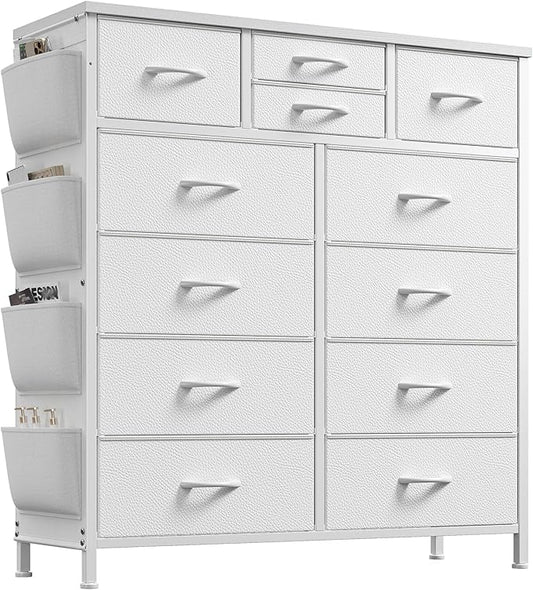 EnHomee Dresser for Bedroom with 12 Drawers, Tall Dressers & Chest of Drawers with Side Pockets, Fabric Dresser for Bedroom, Closet, Hallway, Living Room, Sturdy Metal Frame, Wood Top, White