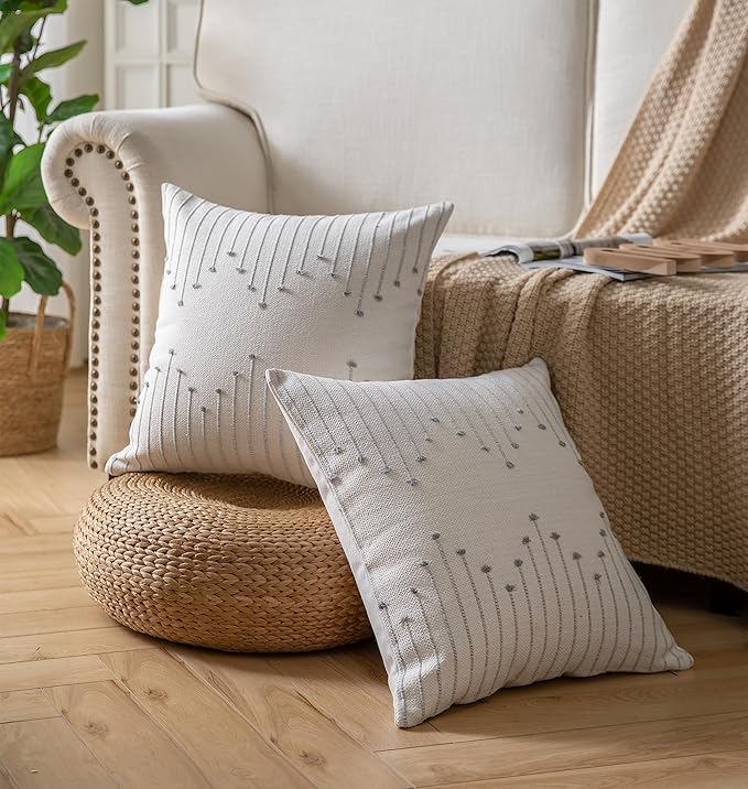 Caflife Boho Throw Pillow Covers 18x18 Set of 2 Decorative Pillows for Bed, Neutral Pillow Covers Beige with Grey Line Throw Pillows for Modern Farmhouse Couch Sofa Living Room Outdoor