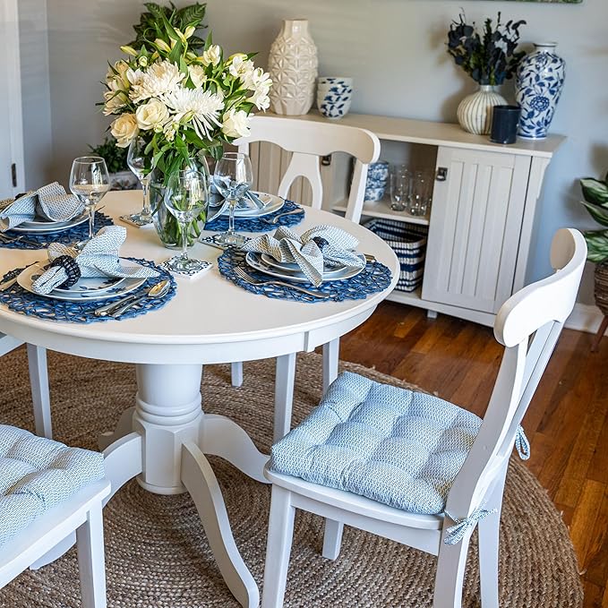 Barnett Home Decor Basketweave Blue Dining Chair Pad with Ties - 15 x 17 Size Small Chair Cushion - Latex Foam Fill - 100% Cotton, Made in USA - Machine Washable, Reversible