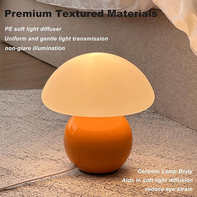 Mushroom Lamp Ceramic Base,WoodColour Cute 70s Mid Century Modern Decor Lamp for Bedroom,Small Abstract Table Bedside Glass Mood Coze Fun Warm Light