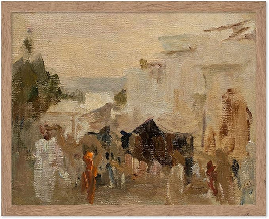 Poster Master Vintage The Bazaar Painting Poster - Retro Street in Udaipur Print - India Art - Cityscape Art - Farmhouse Art - Abstract Art - Office or Living Room Wall Decor, 8x10 Beige Framed