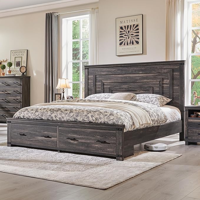 RedLemon Farmhouse King Size Bed Frame w/ 54" Tall Geometric Headboard, Rustic Wood Platform Bed w/ 2 Large Storage Drawers, Wood Slats Support, Noise Free, No Box Spring Needed,Dark Rustic Oak