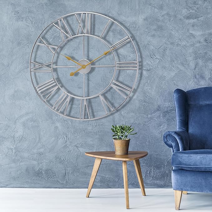 Sorbus Large Wall Clock for Living Room Decor – Easy to Hang 24-Inch Big Wall Clock – Metal Wall Art for Kitchen, Bedroom, Home, Office – Analog Decorative Wall Clock (Silver)
