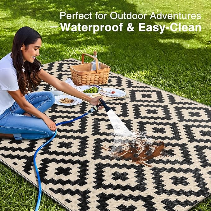 OLANLY Waterproof Outdoor Rug 4x6 ft, Outdoor Plastic Straw Rug for Camping, RV Mat Outside, Outdoor Carpet for Porch, Deck, Backyard, Balcony, Picnic, Black & Beige