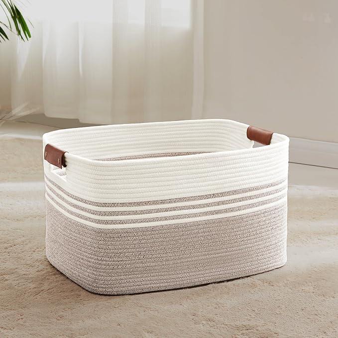 Laundry basket with leather handles for clothes,blankets,pillows,toys,towels,suitable for bedrooms,living rooms,cotton woven laundry hamper,extra large gift basket,(21"x15"x11",Beige Brown)