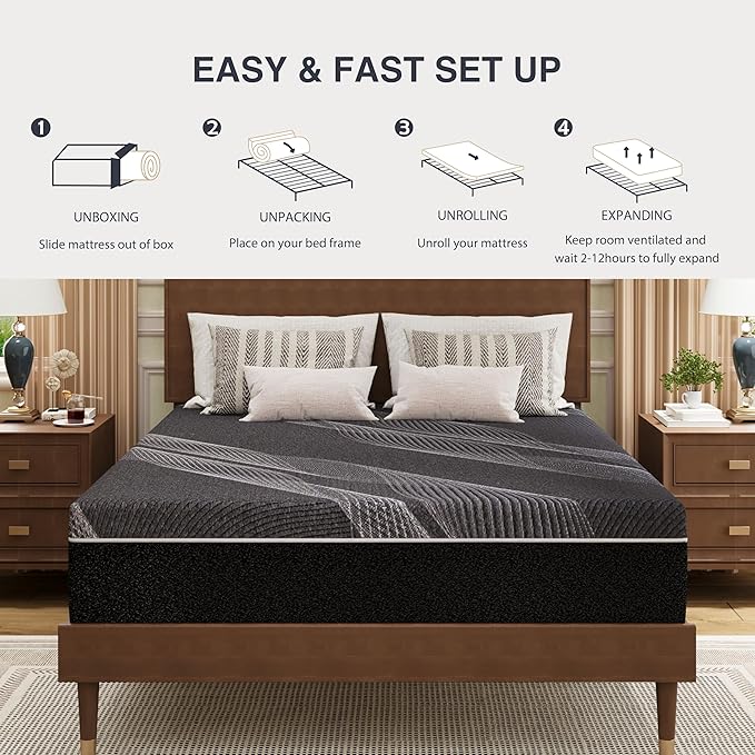 Full Mattress 10 Inch Charcoal Memory Foam in a Box, CertiPUR-US Certified Fiberglass Free, Gel Double Mattress, Made in The USA of US Foam, 75" × 54" × 10", Medium
