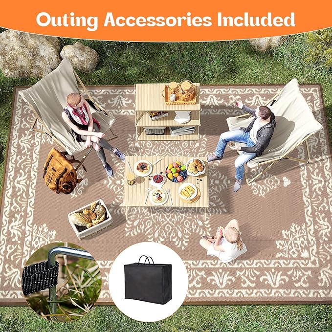 Yamaziot Outdoor Rug 8x10 Ft, Waterproof Plastic Straw Patio Rug, Reversible Backyard Carpet UV Resistant Portable RV Mat Clearance, Large Indoor Outdoor Rug for Patio, Porch, Deck, Balcony, Brown