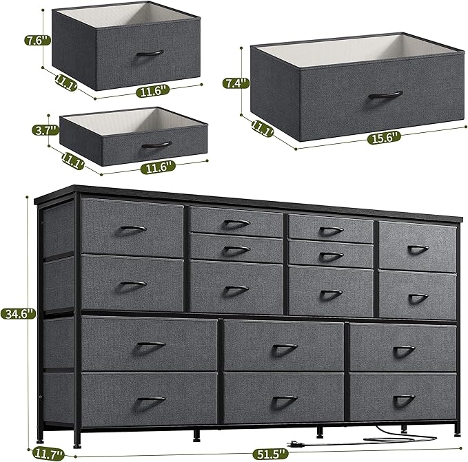 EnHomee Dressser for Bedroom Dresser with 16 Drawers TV Stand for Bedroom for 60" TV Long Dressers & Chests of Drawers Large Dresser with Charging Station, 51.5" W*11.7" D*34.6" H, Grey