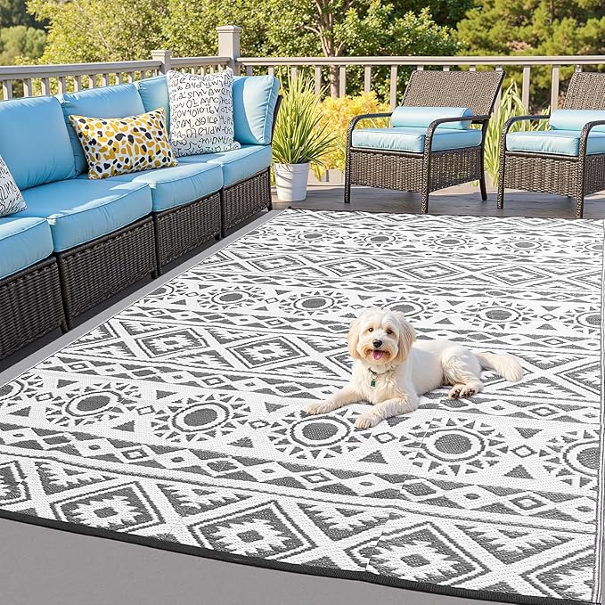 Outdoor Rug Waterproof 6x9 ft, Reversible Outdoor Plastic Straw Rug Patio Rug, RV Rugs for Outside, Outdoor Carpet for Patio Camping Deck Balcony Backyard, Black & Gray