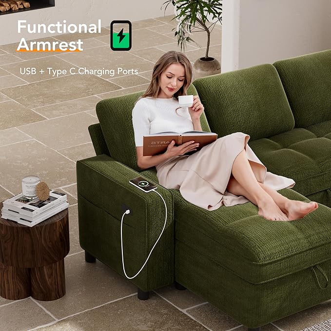 Vipbear Sleeper Sectional Sofa, 81" L Shaped Couch with Pull Out Bed, Convertible Chenille Cloud Sofa with Reclining Backrest | Reversible Storage Chaise | USB Ports | Tool-Free Assembly | Green
