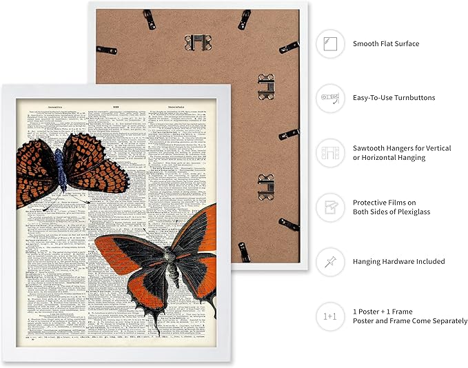 Poster Master Dictionary Art Poster - Butterflies Print - Moth Art - Butterfly Art - Insect Art - Gift for Men, Women & Animal Lover - Chic Decor for Living Room or Bedroom, 16x20 White Framed