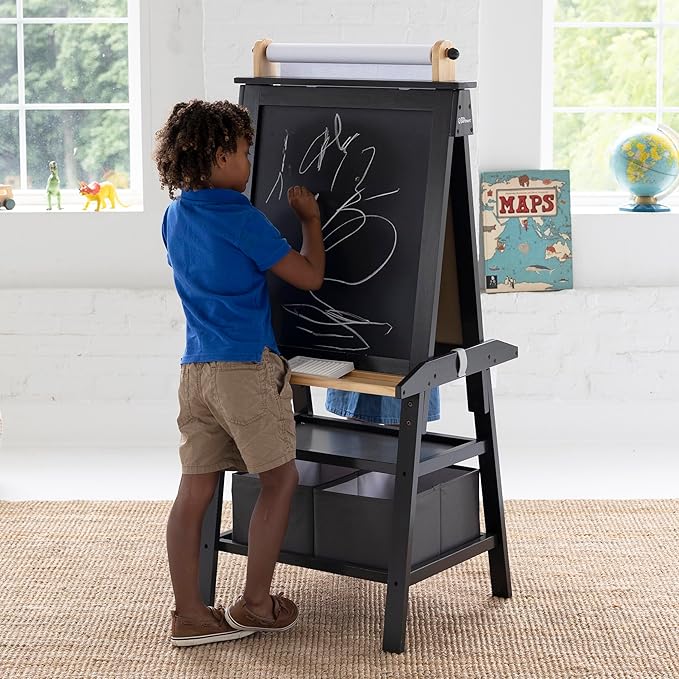 Little Partners Deluxe Learn 'N Play Toddler Easel for Kids, Two-Sided Art Center with Chalkboard, Magnetic Dry Erase Whiteboard, Paper Feed, Storage Bins, Paint Containers (Charcoal & Natural)