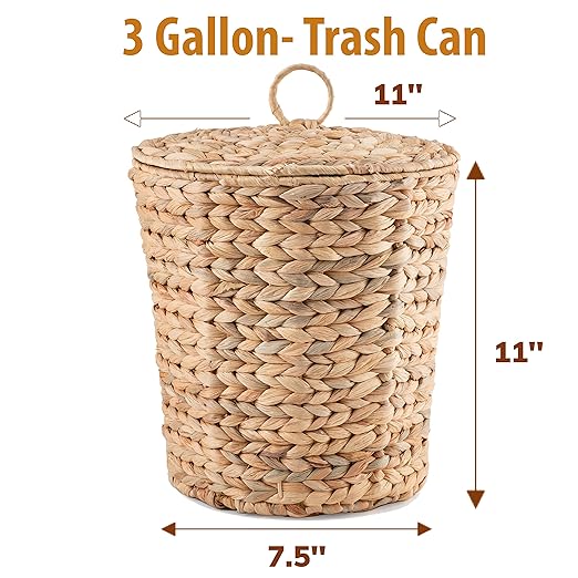 KOLWOVEN Wicker Trash Can with Lid in Bedroom, Bathroom - Trash Can in Office - Boho Woven Wicker Waste Basket - Office Garbage Cans for Under Desk (Water Hyacinth, Medium (D11 X H11))