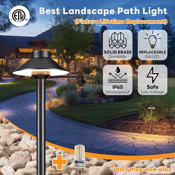 12V Brass Landscape Path Lights - LED Low Voltage Pathway Lamp IP65 Waterproof, Outdoor Walkway Lighting Wired, Hat Black for Patio Lawn with 3W 270LM 5000K Daylight G4 Bulb (10 Pack)