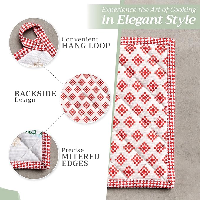 Maison d' Hermine 100% Cotton Oven Mitt & Pot Holder Set (7.5"x13" & 8"x8") Heat Resistant BBQ Cooking Gloves with Loop for Thanksgiving Christmas Decorations Handling Hot Pans (Rural Christmas)