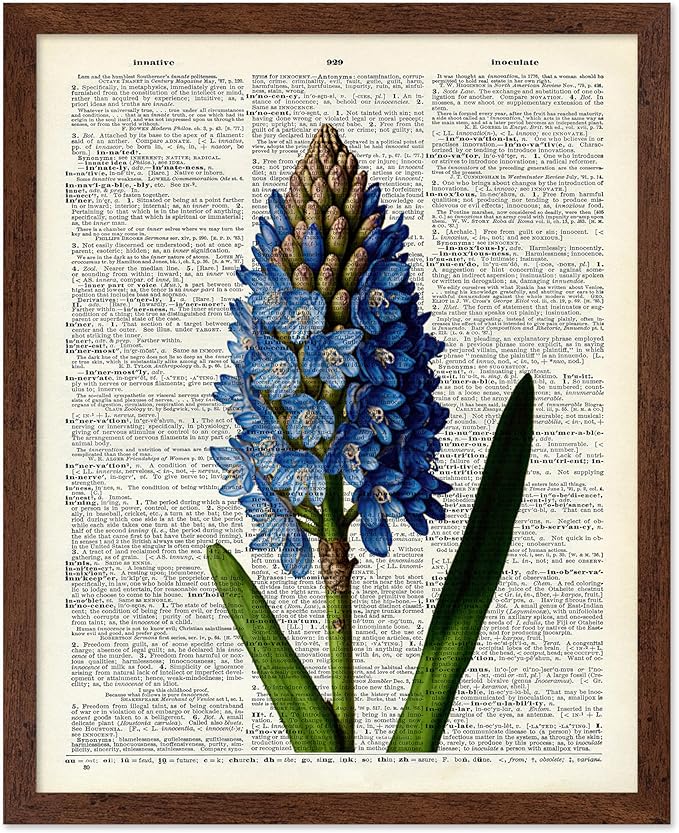 Poster Master Dictionary Art Poster - Blue Hyacinth Print - Flower Art - Floral Art - Gift for Men, Women & Florist - Minimal Decor for Bedroom, Office, Dorm or Flower Shop, 8x10 Brown Framed